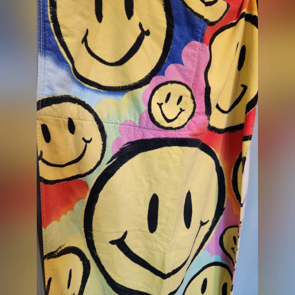 Vtg 90s Hilasal 100% Cotton Multi Color Smiley Face Sun Beach Towel Bag Bright
